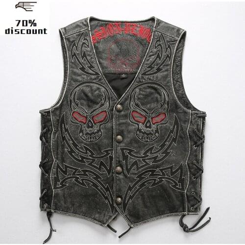 2020 Vintage Black Men Skulls Embroidery Bikers Leather Vest Plus Size XXXXXL Genuine Cowhide Slim Fit Short Vest FREE SHIPPING