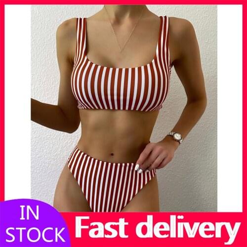 #VO Swimwear Women Striped Push Up High Cut Hight Waist Bikini Set Two Piece Swimsuit For Women Bikinis 2021 Mujer Biquini