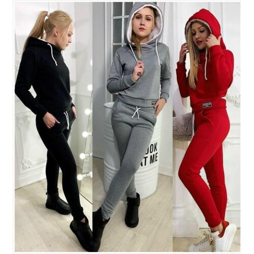 New Promotion Hooded Drawstring Blends Full Womens 2-piece Suit Trousers Two-piece 2020 Fashion Casual Sports Hoodie And