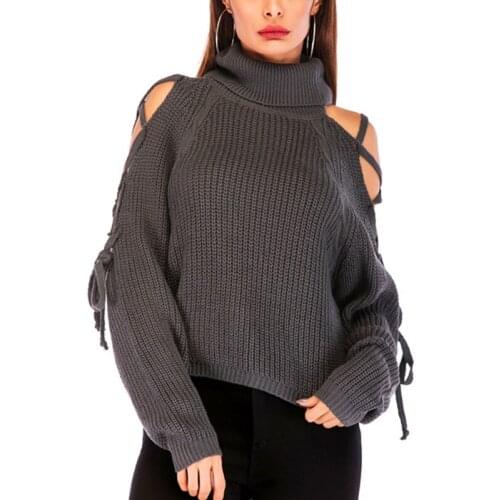 Sexy Lace Up Winter Knitted Sweater Pullover Women Off Shoulder Loose Turtleneck Sweater Jumper Autumn Long Sleeve Gray Sweater