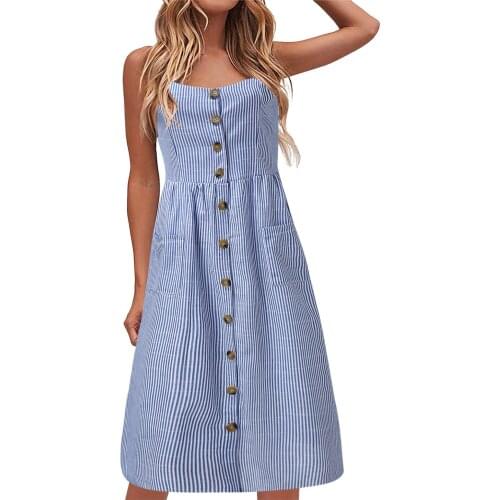 2021 Fashion Striped Summer Blue Dress Women Vintage Casual Sleeveless Sexy Strapless Backless Sundress Single Breasted Dresses