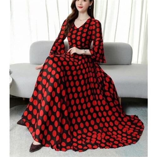 2020 summer new elegant fashion wave point waist was thin and fashionable V-neck ruffle sleeve temperament long dress