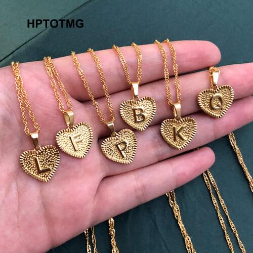 A-Z Initial Letter Heart Pendant Necklace For Women Stainless Steel Gold Alphabet Heart Charm Chain Choker Jewelry Collier Femme