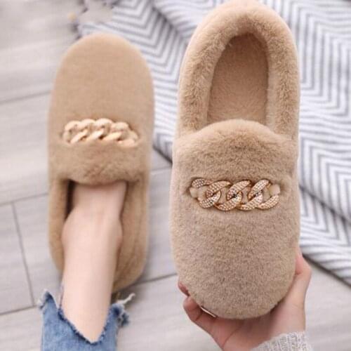 Winter Fluffy Women Shoes Fashion Chain Warm Fur Flat Shoes Woman Indoor Slippers Causal Home Lady Shoes Platform Shoes dr65
