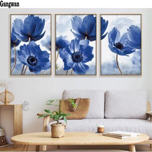 New DIY Diamond Painting 3pcs blue poppy 3d pictures 5d Cross Stitch kits beads Embroidery sale Mosaic Decoration