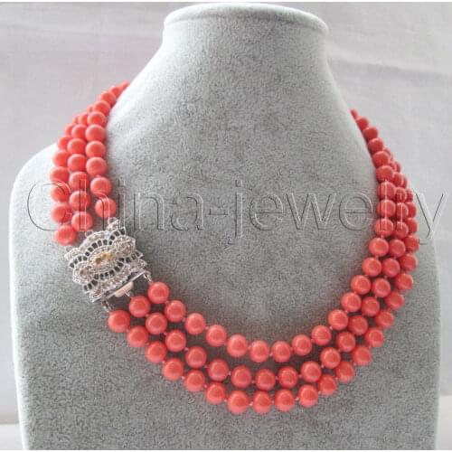 30% OFF Wholesale price 16new AAA 3row 17-19 " 8mm perfect round pink coral necklace - white gild zircon clasp BB1025