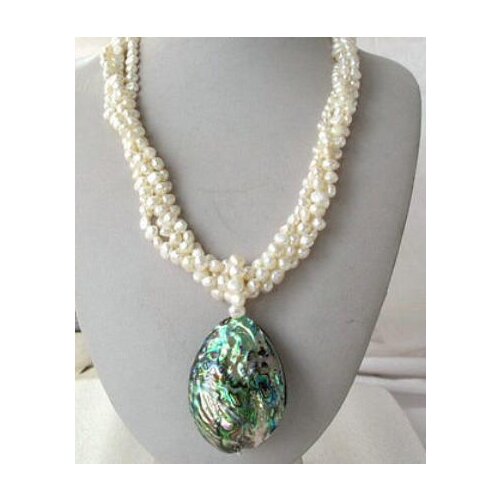 4 ROW White Nugget Baroque Pearl Necklace Abalone Pendant 20"