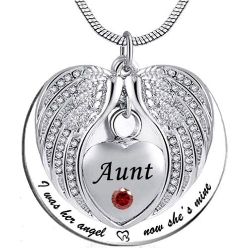 Angel Wing Memorial Keepsake Ashes Urn Pendant Birthstone Necklace, I Was His/Her Angel Now Hes/Shes Mine -for Aunt