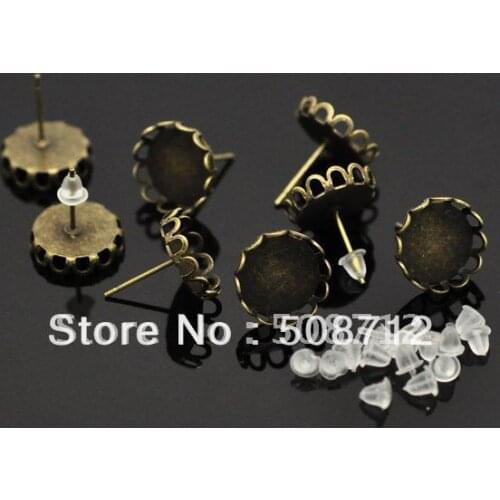 Free shipping!!! 16mm crown Cabochon Settings Earring Post with earring stoppers,earrins base.Earrings Blank
