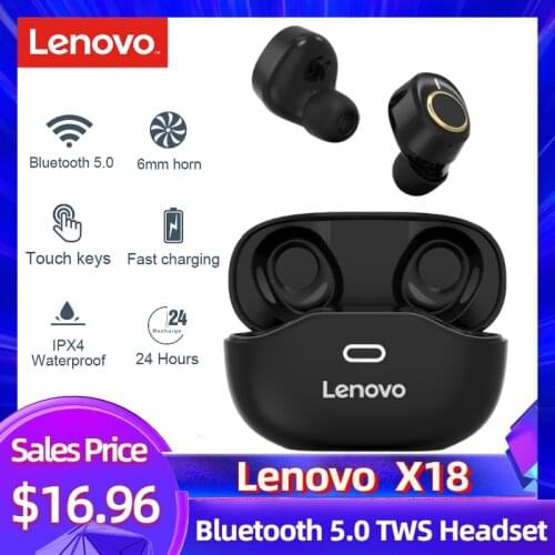Lenovo X18 Bluetooth 5.0 Wireless Headphones Mini TWS Earbuds Sport Headset In-ear Earphones Touch Control w/ Mic Charging Case
