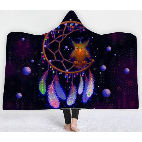 Bohemia Feather Hooded Blanket Owl Animal Wearable Blanket 3D Print Picnic Travel Throw Blanket Nap Office Home Fleece Blanket