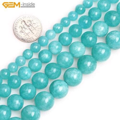 Gem-inside 6-12mm Round Blue Jade Stone Beads Smooth Beads for Jewelry Making Beads 15 inches DIY