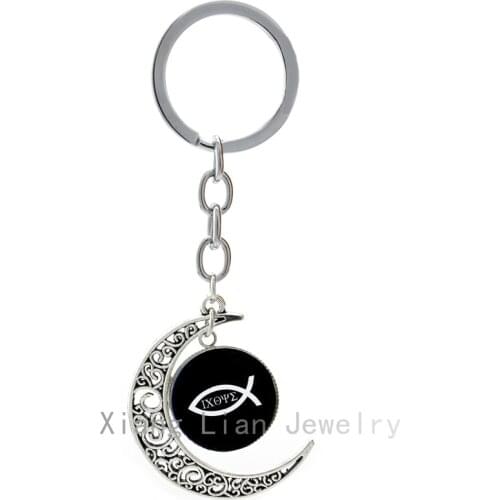 Christian Fish keychain Ichthus christian jesus fish art pture handmade moon pendant key chains Religious church gifts T287