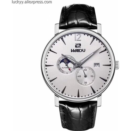 Simple Style 42mm Automatic Mechanical Men Watch Sun Moon Phase and 24hours Mens Black leather strap Casual Wristwatches A74