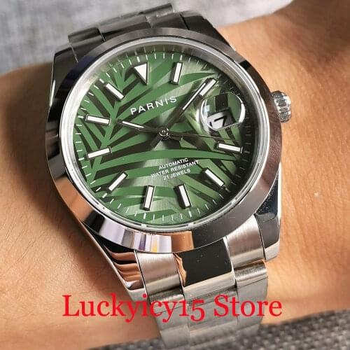 PARNIS New Fashion Green 21 Jewle MIYOTA 8215 Automatic Men Watch Polished Bezel Ring Sapphire Crystal Folding Clasp