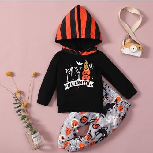 FOCUSNORM 2pcs Kids Boys Autumn Halloween Clothes Sets 0-4Y Cartoon Letter Printed Hooded Tops Pants