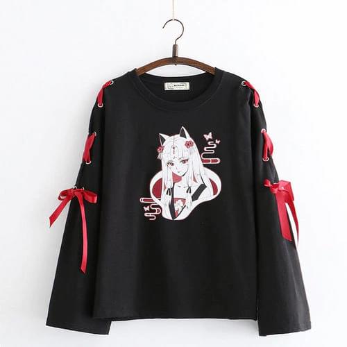 2020 spring Autumn Japanese Long Sleeve T Shirt Cartoon Printed Tshirt Harajuku Cross Bowknot Bandage T-Shirts White Black Tops