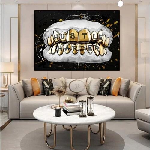 HUSTLE HARDER Motivational Quote Poster Abstract Golden Teeth Canvas Painting Prints HD Texture Picture For Home Office Decor