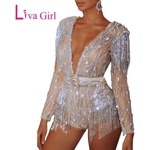LIVA GIRL Sparkling Gold Sequin Romper Women Tassel Sexy Sheer Deep V-neck Plus Size Rompers Long Sleeve Night Club Jumpsuit XXL