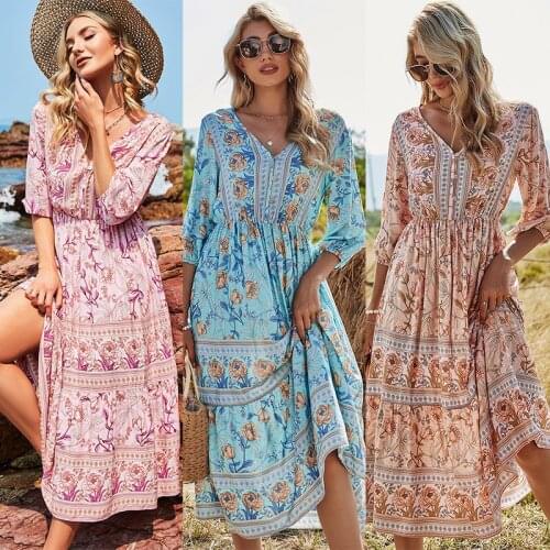 2021 Summer and Autumn New Womens High Waist Bohemian Mid-Length A-Line Skirt Ladies Beach Holiday Dress