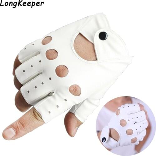 Longkeeper Fashion Female Half Finger Gloves PU Leather Fingerless Driving Gloves For Women White Black Female Guantes Luvas