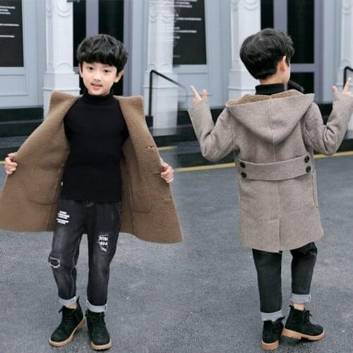Kids boys hooded wool coat solid big virgin new autumn and winter plus velvet coat