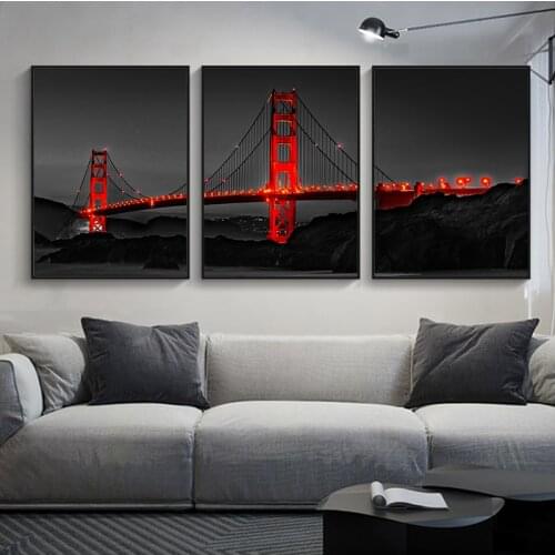 Modern Minimalist Abstract Black White Picture Red Bridge Wall Art Decorative Canva Painting Livingroom Bedroom Mural Home Decor