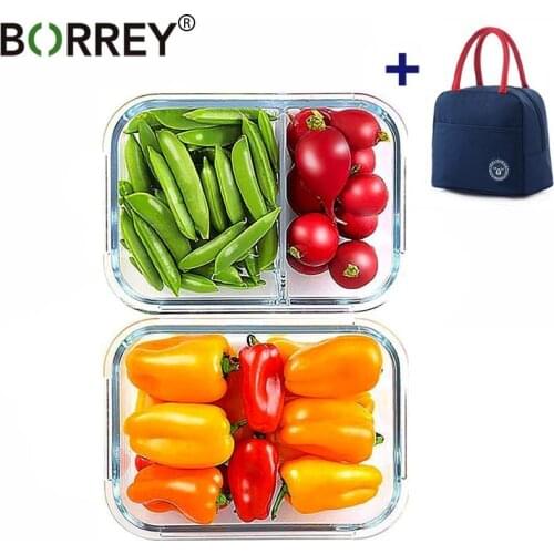 BORREY Microwave Glass Lunch Box Rectangle Glass Lunch Box With Thermal Bag Compartment Food Container Storage Food Bento Box