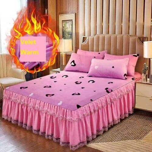 Thicken Crystal Velet Bed Skirt Winter Warm Coral Fleece Fitted Bed Sheet King Lace Edge Bedspread Bed Dust Protector Cover