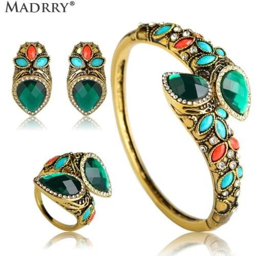 Madrry Vintage big Jewelry Sets Bangle Earrings Ring Green Rhinestone Blue Arylic Exquisite Sculpture Anel Schmuck Bijoux
