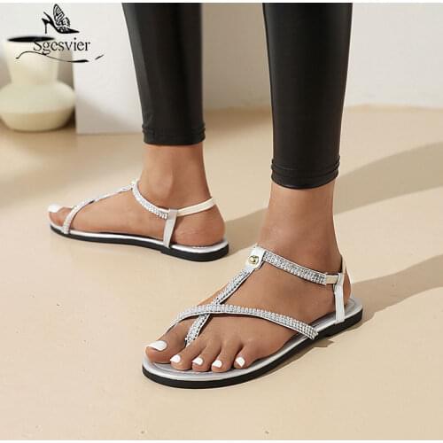 Sgesvier 2021 hot sale flat heel shoes women sandals slip on summer casual shoes flip flops ladies rhinestone black sandals