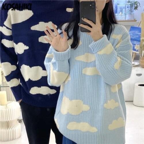 KOSAHIKI Pullovers Women Loose Spring Clouds-print Casual All-match Ins Soft Knitting Simple Fashionable New Leisure Jumper