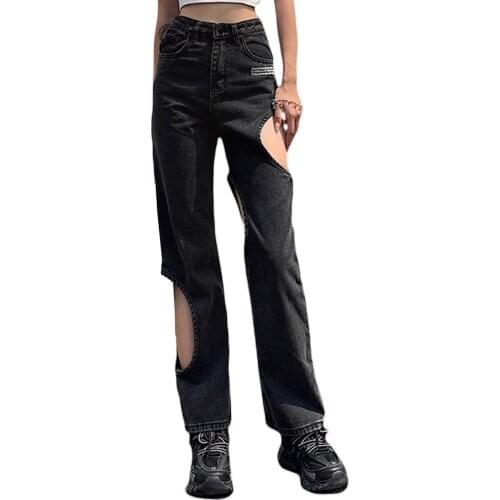 2021 Women Irregular Ripped Jeans Adults High Waisted Letter Pattern Denim Pants with Pockets