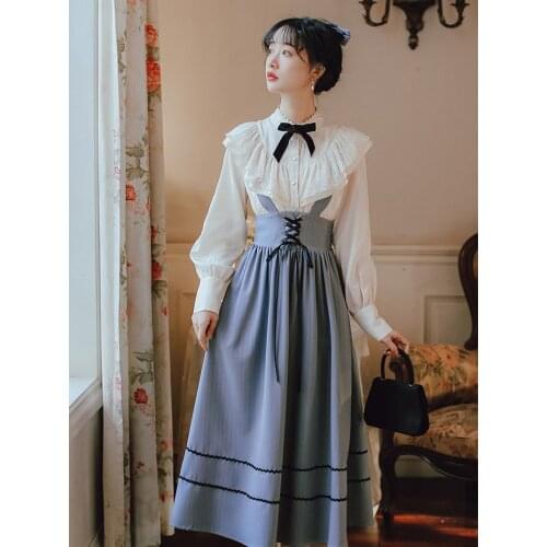 England Style 2 Piece Sets Vintage Modern Women Outfits Sweet Lace Bow Lantern Sleeve Shirt Tops & Bandage Stripe Long Skirt