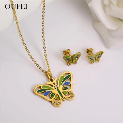 OUFEI Butterfly Necklace Earrings Set Of Earrings For Women Stainless Steel Jewelry Sets Fashion Woman Accessories Charms