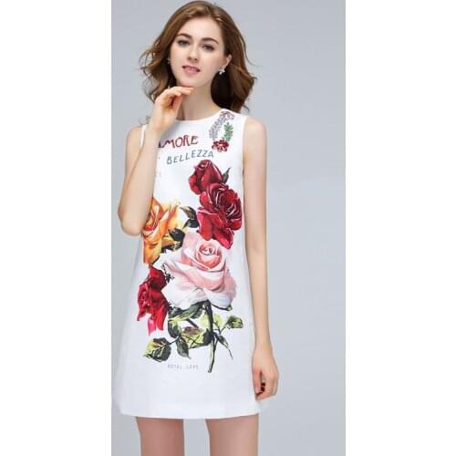 2018 Summer Latest Europe Fashion O-Neck Sleeveless Tank Sequined Crystal Flower Rose Print A-Line Above Knee Dress Women