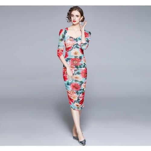 Summer Runway Sexy Bodycon Dress Womens Long sleeve Flower Print Mesh Elegant Party Midi Dress Vestido k6821