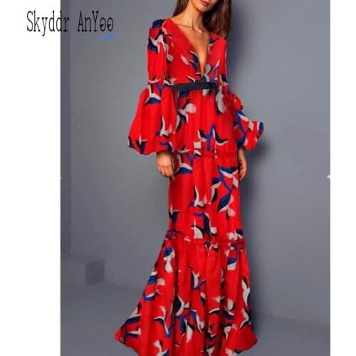 Women Maxi Red Party Dress Sexy Deep V-Neck Lantern Long Sleeve Cute Print Elegant Dress Pleated Plus Size Long Dresses Vestidos