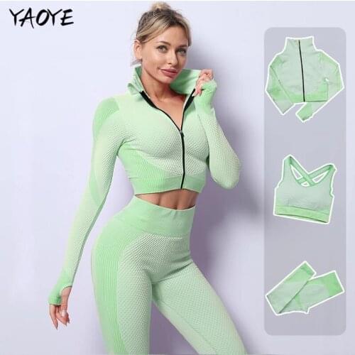 YAOYE 2/3PCS Seamless Women Zipper Yoga Set Workout Sportswear Gym Clothing Fitness Long Sleeve Crop Top High Waist Sports Suits