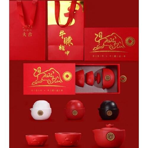 2021 Ox Year Ceramic-Teapot Tea Cups Set Gaiwan Tea Cups Tea Ceremony-Teapot Tea Set Gift Box Home Travel Office Drinkware Gifts