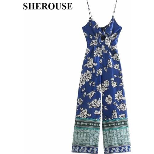 2021 Vintage Women Floral Printed jumpsuit with Bow Knot Chic Lady Romper Elegant one piece outfit playsuit Women Summer