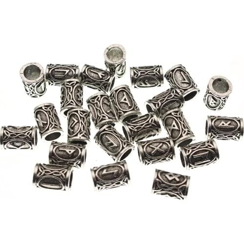 24pcs/Set Vintage Futhark Runes Viking Beads Spacer Large Hole Beard or Hair Bead for Charm Bracelet DIY Handmade Jewelry Making