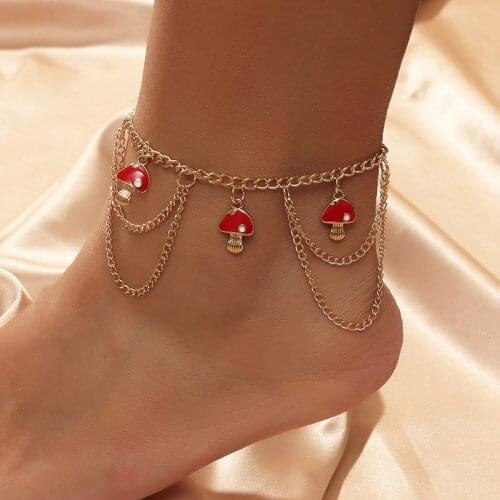 Cute Red Enamel Mushroom Pendants Anklets For Women Girls Simple Fashion Gold Color Metal Chain Anklets Beach Style Jewelry Gift