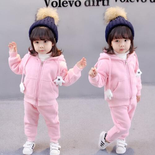 2021 Plus fleece Baby Girls Clothes Set Warm Hooded Jacket Coat+ Pants Suit For Autumn Kids Tracksuits Toddler Children Clothing
