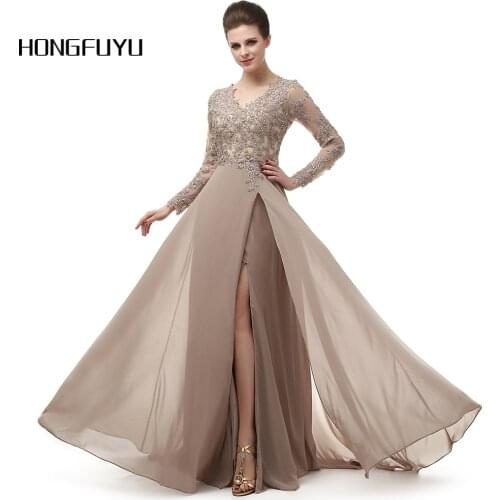 High Quality Chiffon Appliques V Neck A Line Long Prom Dresses 2021 High Slit Floor Length Long Sleeves Prom Dress DB232