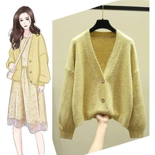 Womens Lantern Sleeve Cardigan Sweater New Loose V-Neck Single-Breasted Sweater Autumn Winter Short Sweaters Top Female