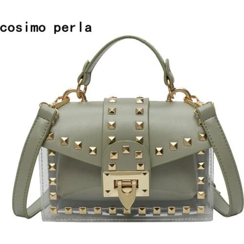 Hot 2021 Small Clear Jelly Handbags for Women PVC Clutch Flap Bag Rivet Crossbody Bag Summer Fashion Designer Plastic bag Purse