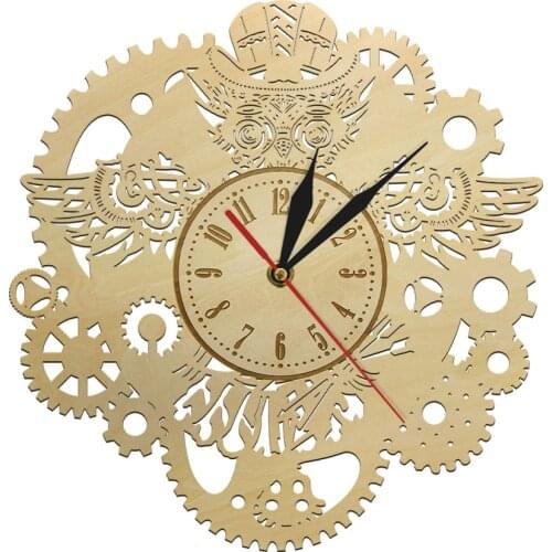 Steampunk Mechanical Wooden Wall Clock OWL Mechanic Gears Rustic Wall Watch Gothic Vintage Decor Owls with Gears Geometric Art