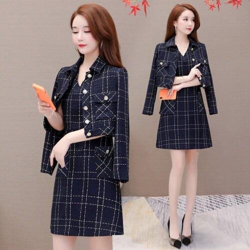 2020 NEW Youth clothing for women Two piece set elegant European fashion autumn dress women Plaid dresses High waist dress 1360