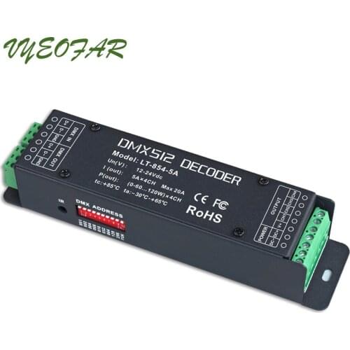 New LT-854-5A Led DMX Decoder CE FCC RGBW Strip;DC12V-24V 5A*4 Channel 20A Output 0-100% brightness Dimming Range DMX512